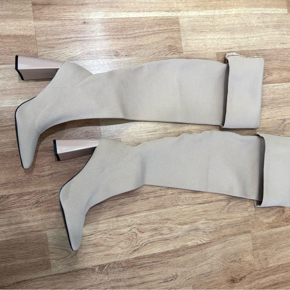 Shoes - Beige Knit Stretch Thigh-High Boots Size 8 Block 4”Heel Cuffed Pull On